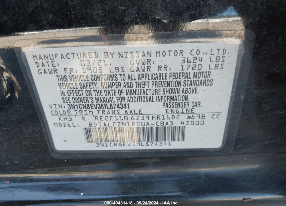 2021 NISSAN VERSA VIN: 3N1CN8EV3ML874341