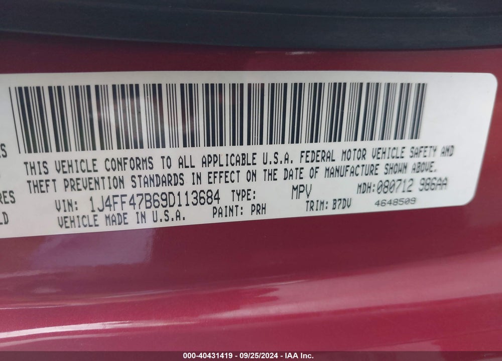 2009 JEEP COMPASS SPORT VIN: 1J4FF47B69D113684