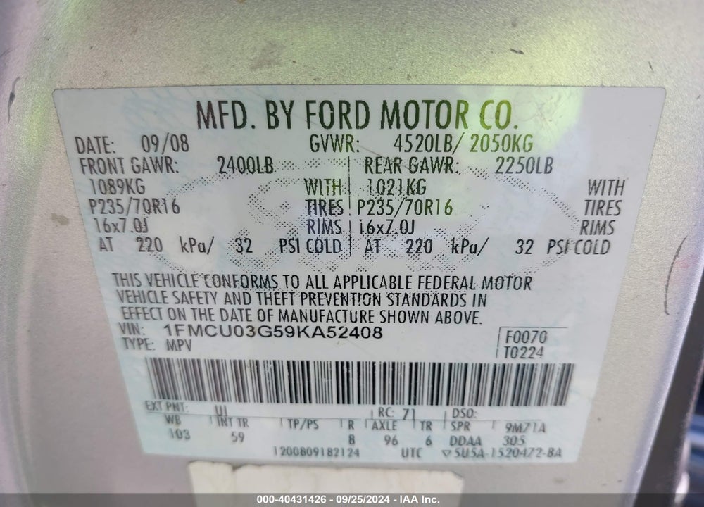 2009 FORD ESCAPE XLT VIN: 1FMCU03G59KA52408
