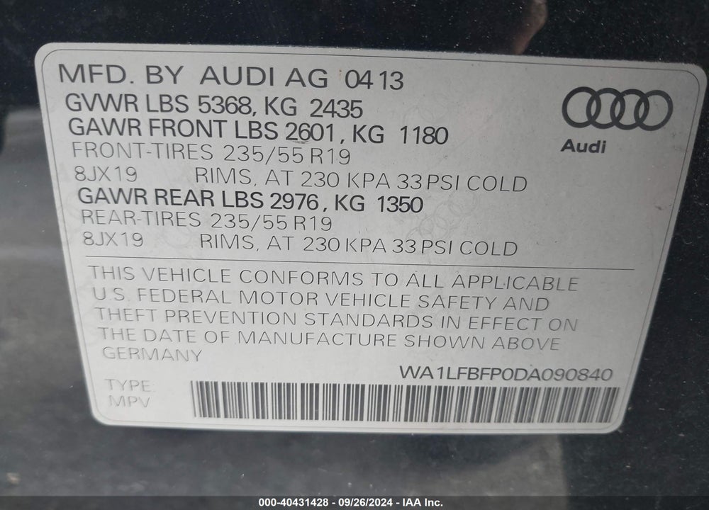 2013 AUDI Q5 2.0T PREMIUM VIN: WA1LFBFP0DA090840
