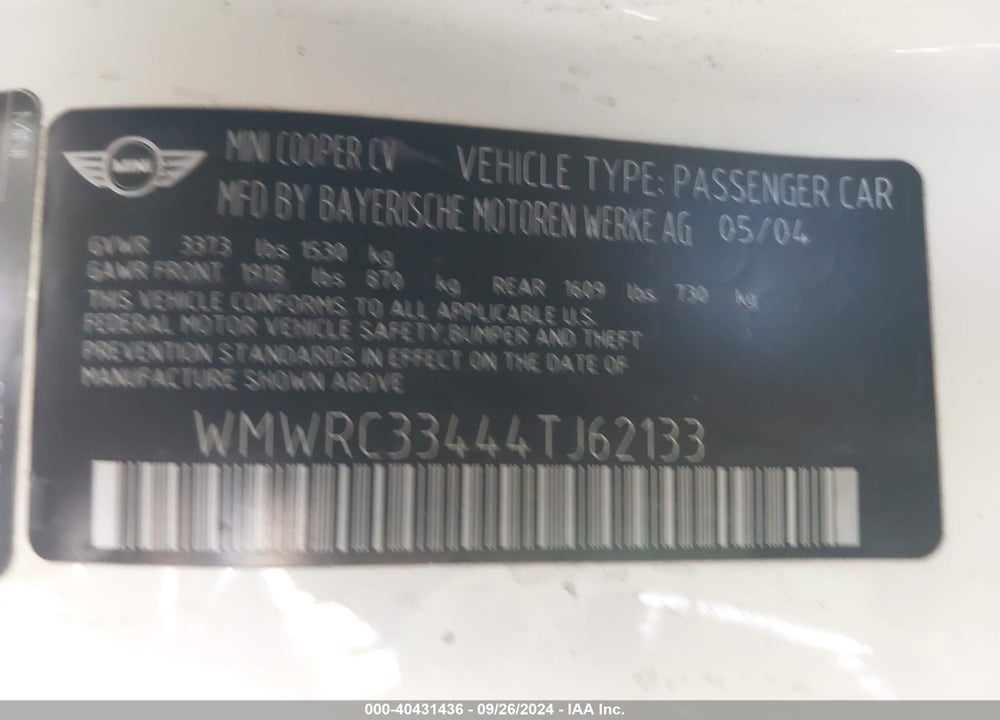 2004 MINI COOPER VIN: WMWRC33444TJ62133