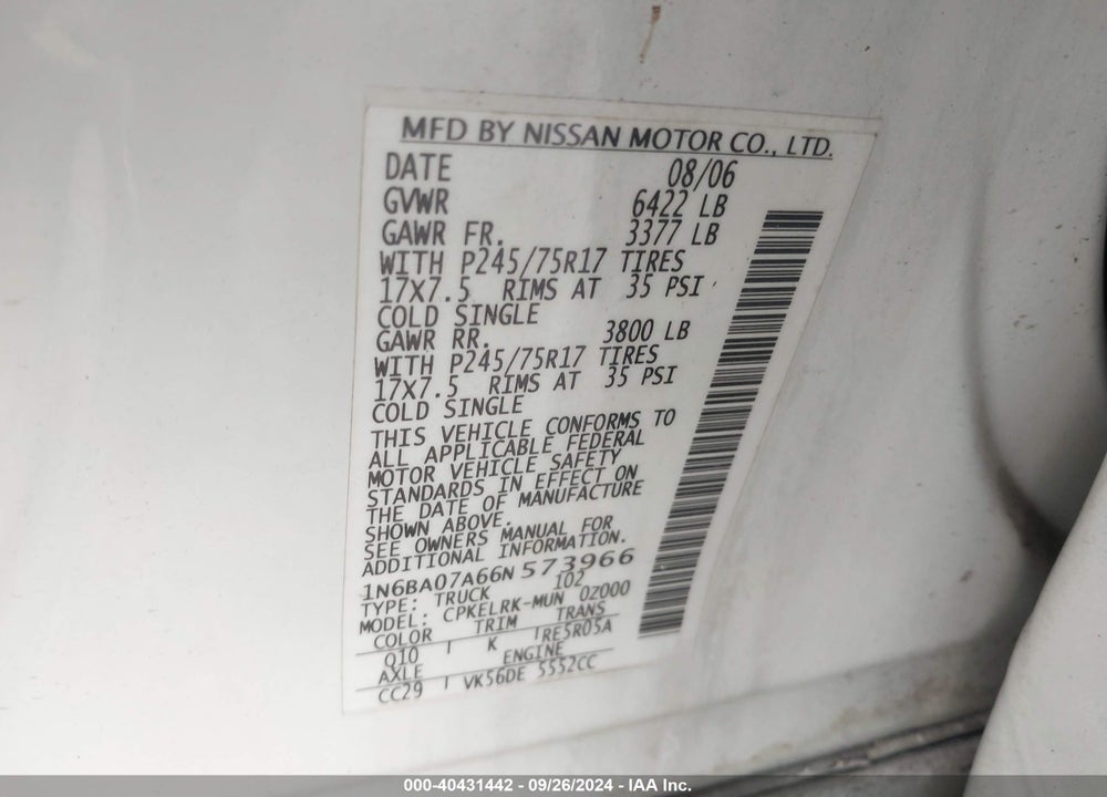 2006 NISSAN TITAN XE VIN: 1N6BA07A66N573966