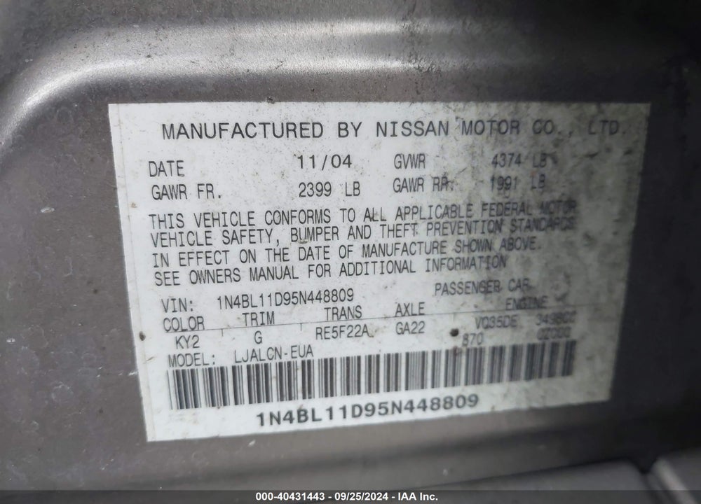 2005 NISSAN ALTIMA 3.5 SE VIN: 1N4BL11D95N448809