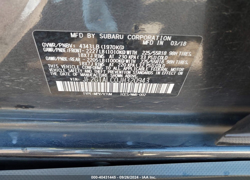 2018 SUBARU CROSSTREK LIMITED VIN: JF2GTALC0JH320943