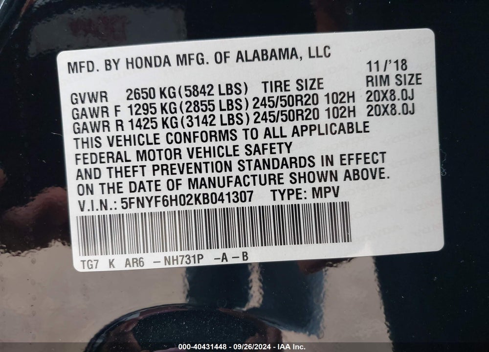 2019 HONDA PILOT ELITE VIN: 5FNYF6H02KB041307