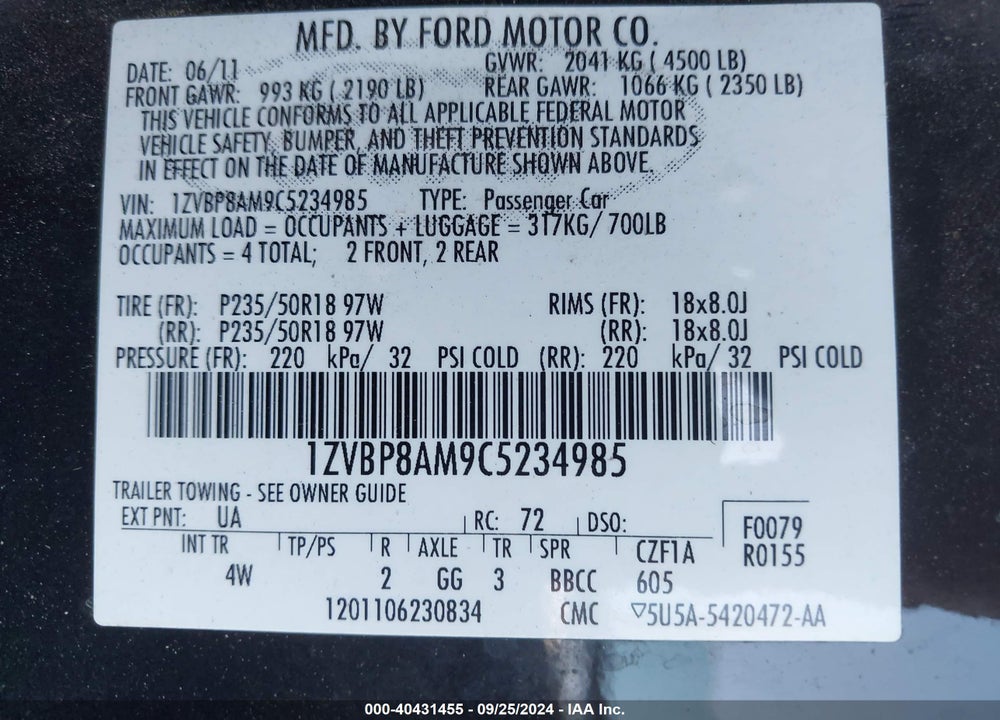 2012 FORD MUSTANG V6 PREMIUM VIN: 1ZVBP8AM9C5234985