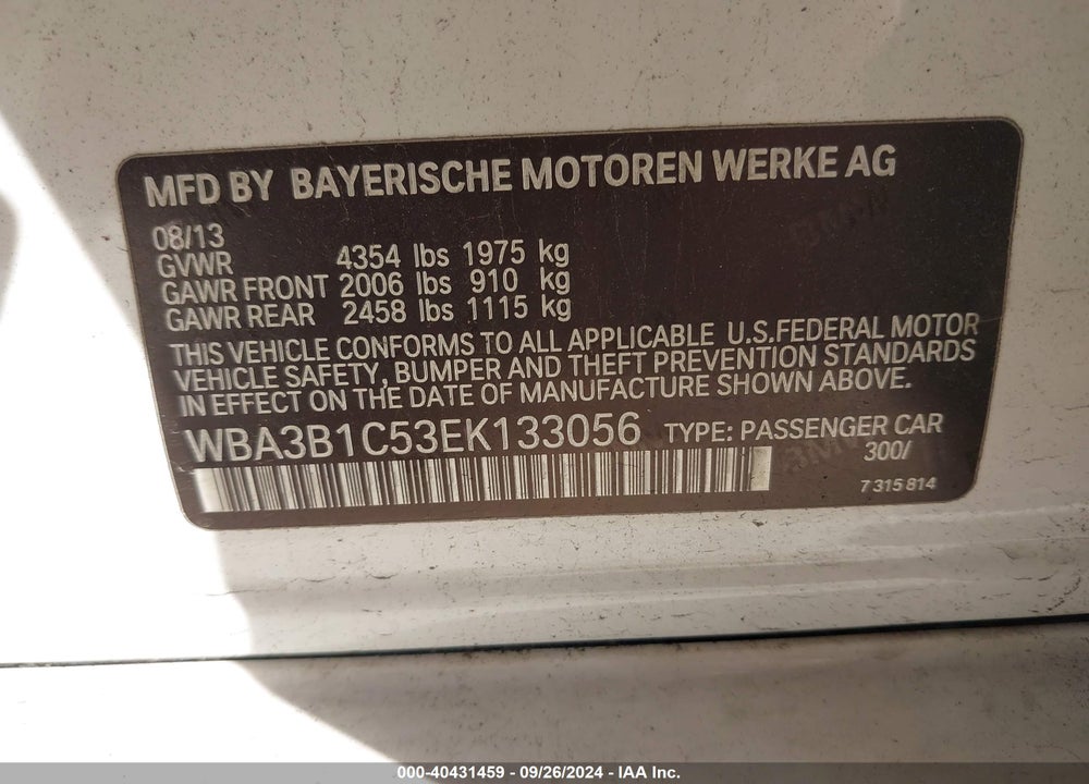 2014 BMW 320I VIN: WBA3B1C53EK133056