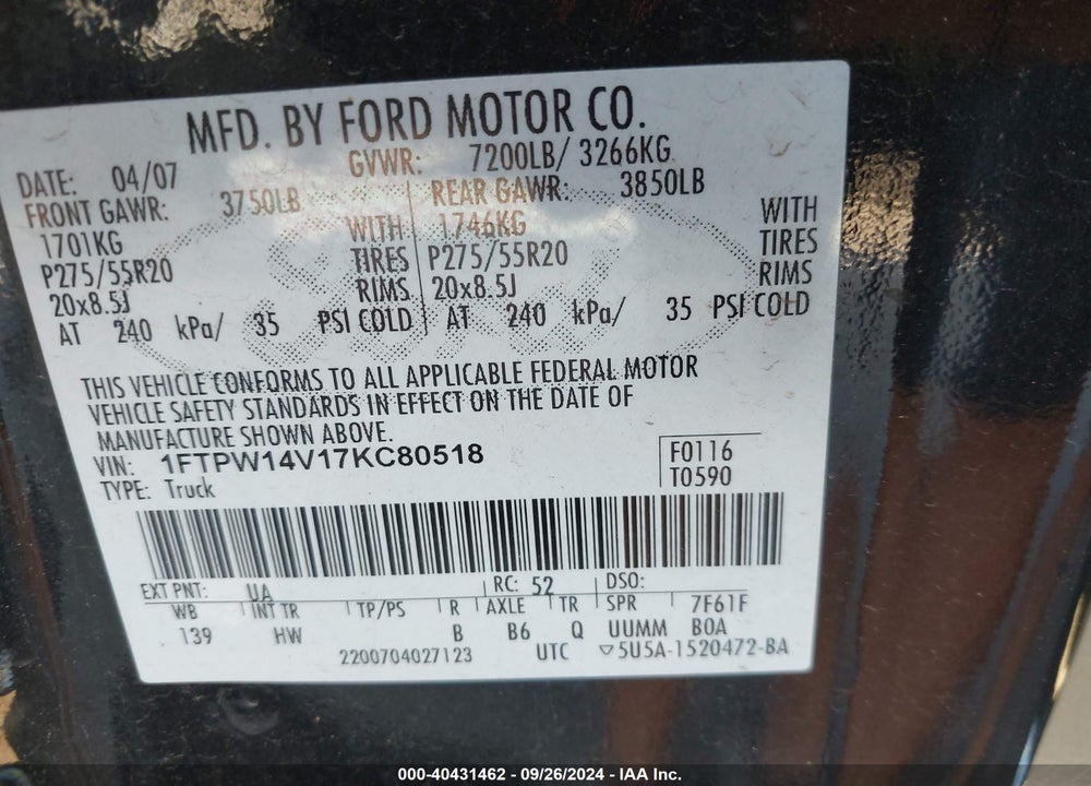 2007 FORD F-150 FX4/LARIAT/XLT VIN: 1FTPW14V17KC80518