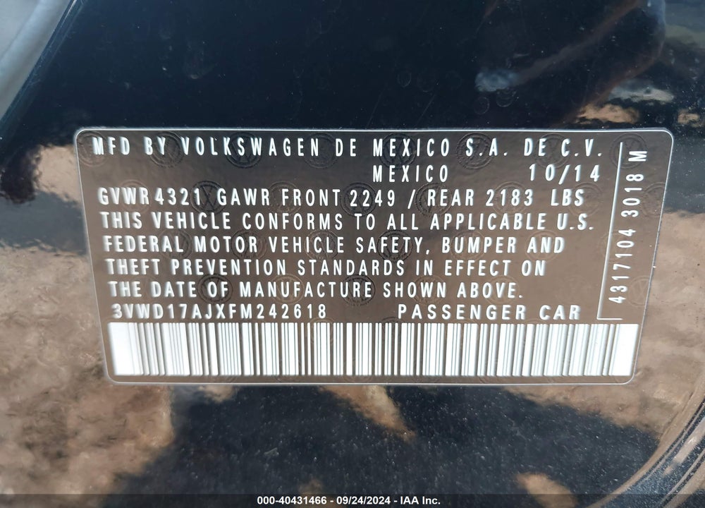 2015 VOLKSWAGEN JETTA 1.8T SE VIN: 3VWD17AJXFM242618