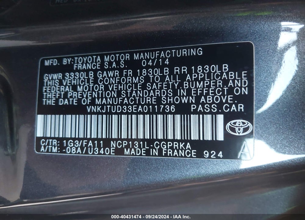 2014 TOYOTA YARIS L (TMMF PLANT) VIN: VNKJTUD33EA011736