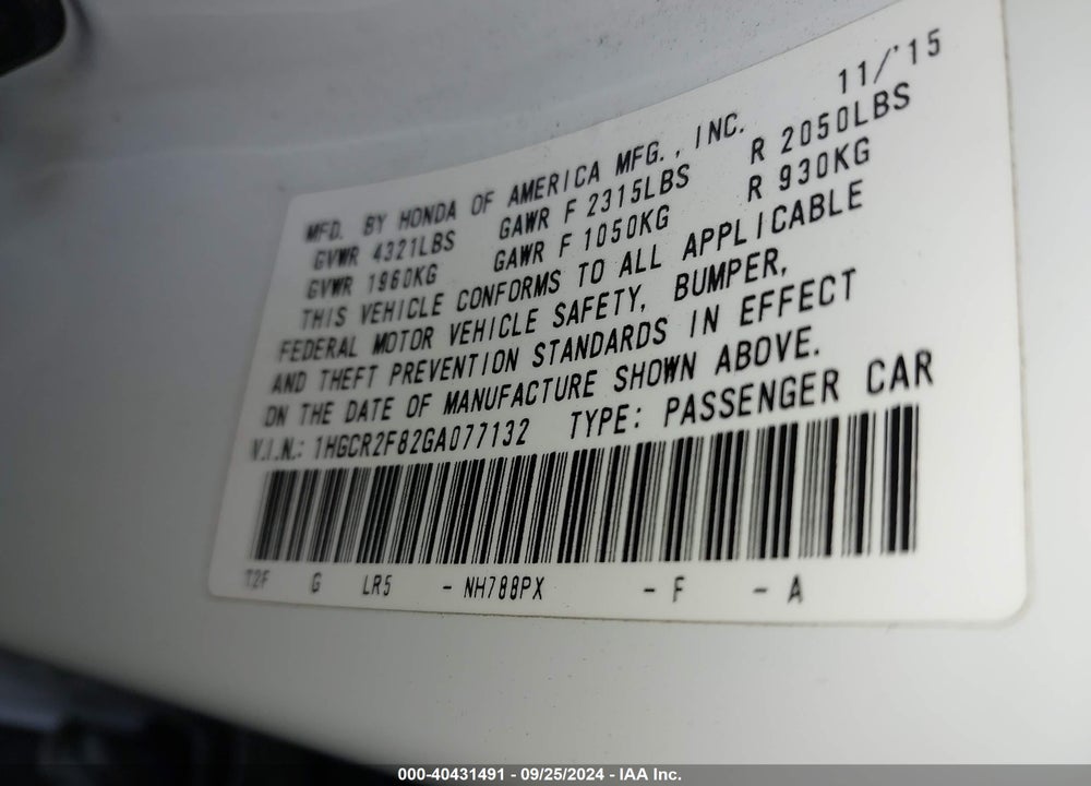 2016 HONDA ACCORD EX-L VIN: 1HGCR2F82GA077132