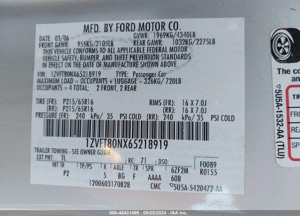 2006 FORD MUSTANG V6 VIN: 1ZVFT80NX65218919