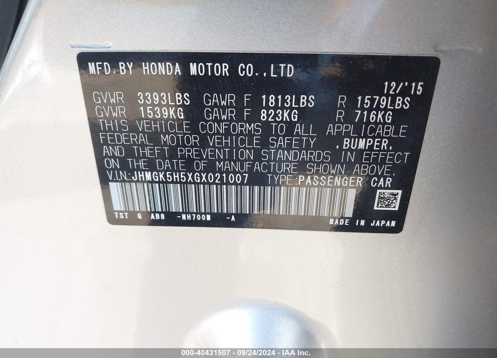 2016 HONDA FIT LX VIN: JHMGK5H5XGX021007