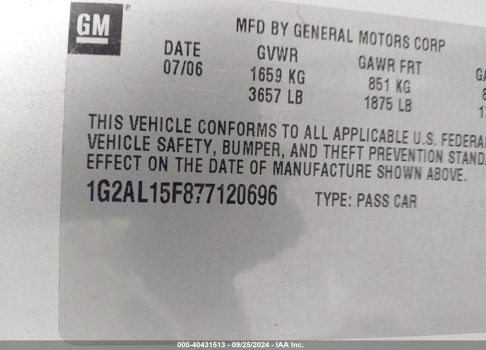 2007 PONTIAC G5 VIN: 1G2AL15F877120696