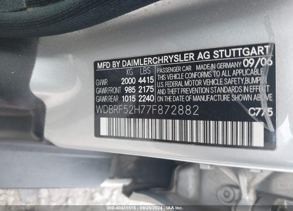 2007 MERCEDES-BENZ C 230 SPORT VIN: WDBRF52H77F872882