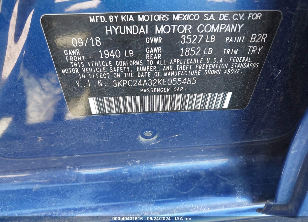 2019 HYUNDAI ACCENT SE VIN: 3KPC24A32KE055485