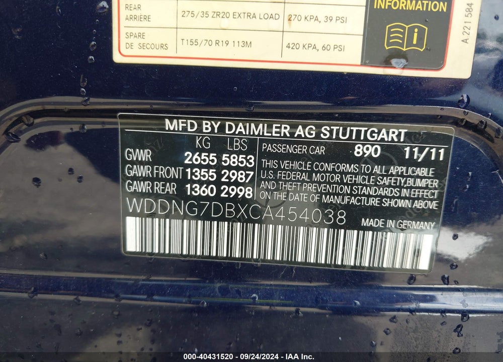 2012 MERCEDES-BENZ S 550 VIN: WDDNG7DBXCA454038