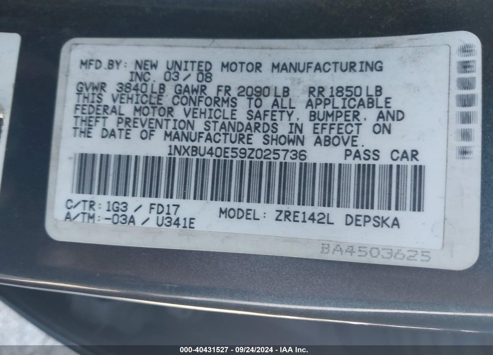 2009 TOYOTA COROLLA S VIN: 1NXBU40E59Z025736