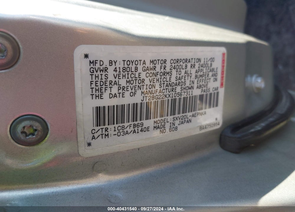 2001 TOYOTA CAMRY LE VIN: JT2BG22KX10567311