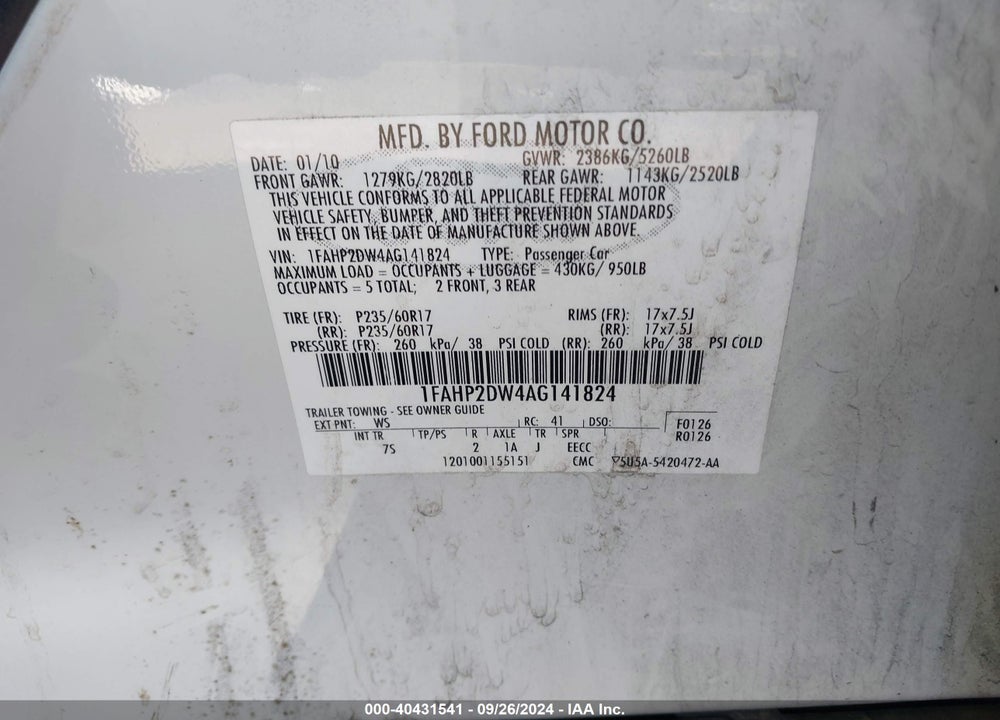 2010 FORD TAURUS SE VIN: 1FAHP2DW4AG141824