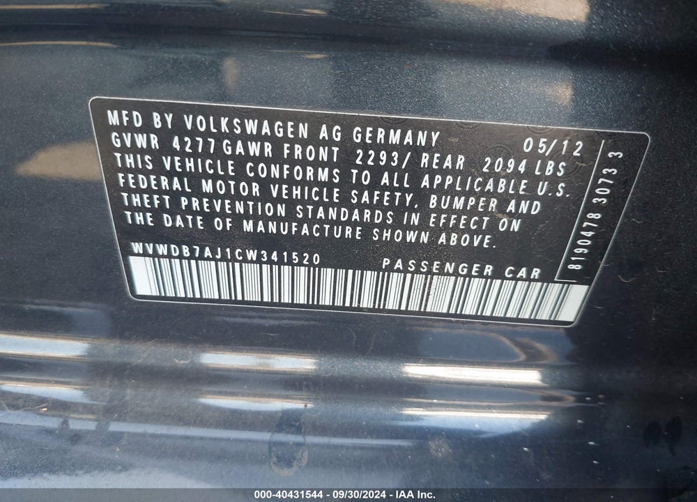 2012 VOLKSWAGEN GOLF 2.5L 4-DOOR VIN: WVWDB7AJ1CW341520