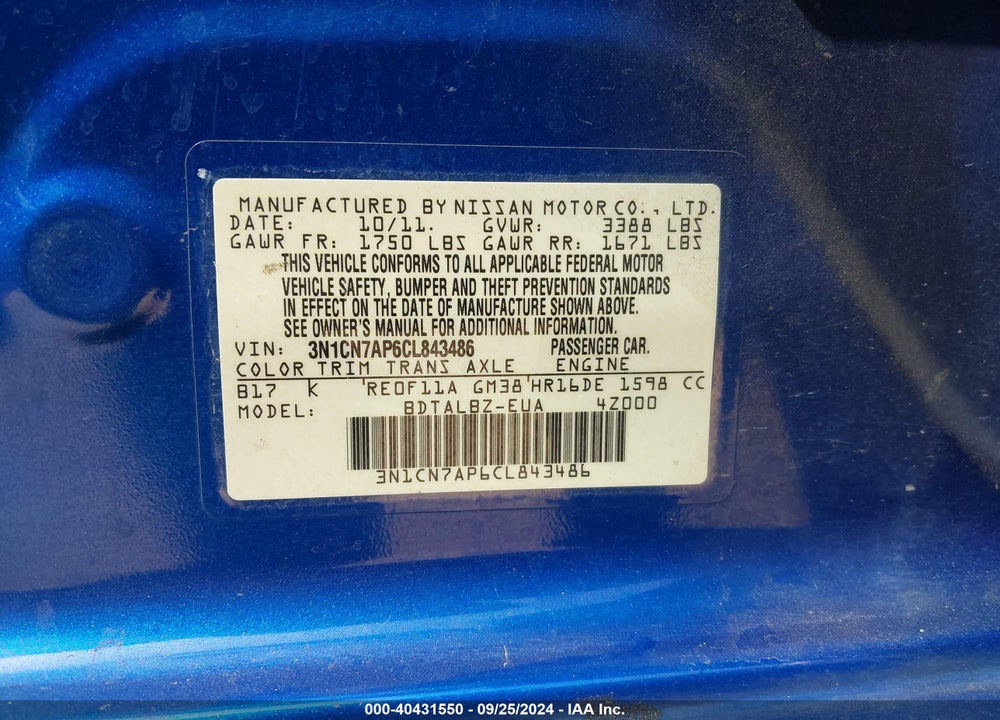 2012 NISSAN VERSA 1.6 SV VIN: 3N1CN7AP6CL843486