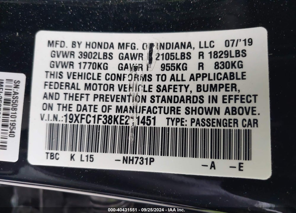 2019 HONDA CIVIC EX VIN: 19XFC1F38KE211451