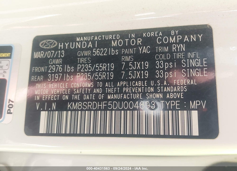2013 HYUNDAI SANTA FE LIMITED VIN: KM8SRDHF5DU004893