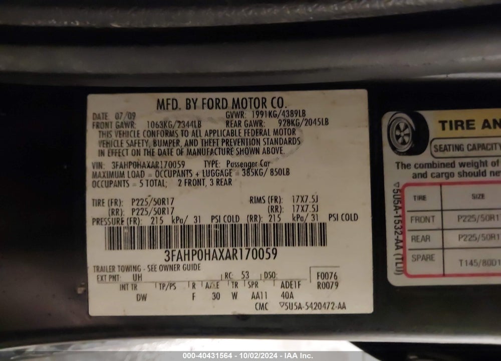 2010 FORD FUSION SE VIN: 3FAHP0HAXAR170059