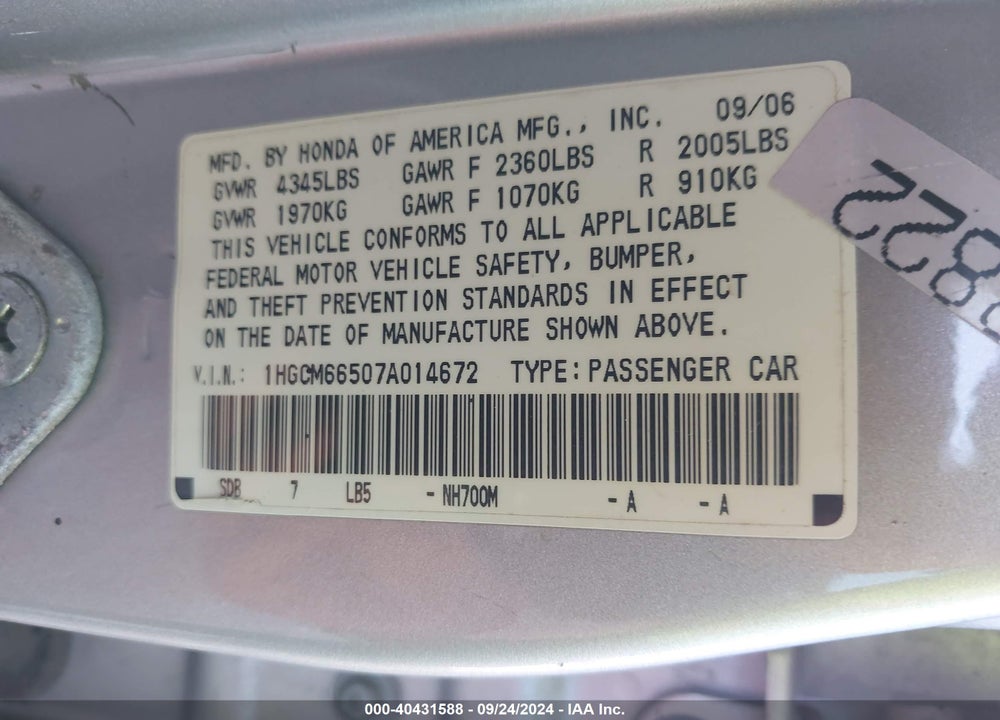 2007 HONDA ACCORD 3.0 EX VIN: 1HGCM66507A014672