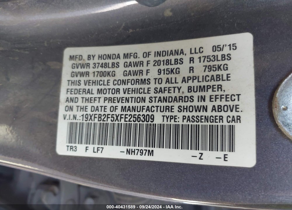 2015 HONDA CIVIC LX VIN: 19XFB2F5XFE256309