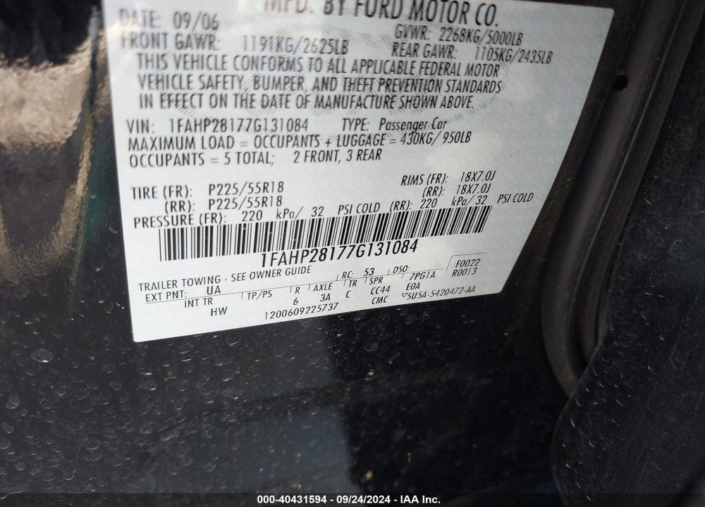 2007 FORD FIVE HUNDRED LIMITED VIN: 1FAHP28177G131084