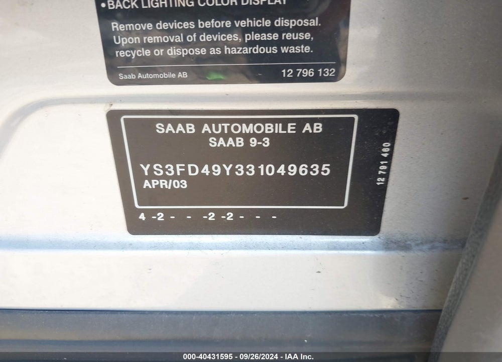 2003 SAAB 9-3 ARC VIN: YS3FD49Y331049635