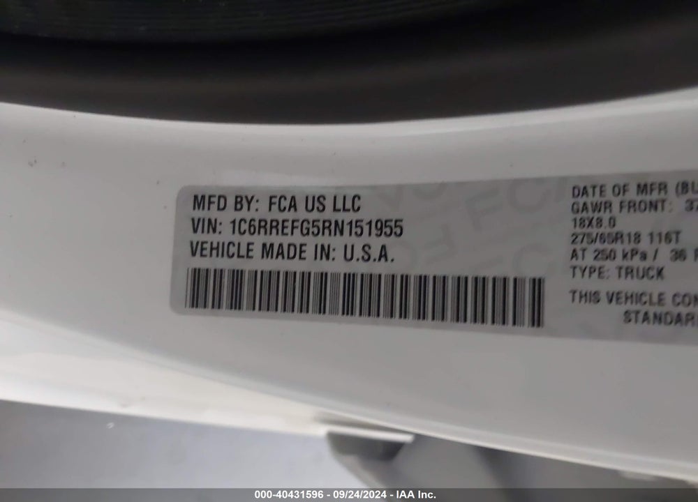 2024 RAM 1500 BIG HORN 4X2 5'7 BOX VIN: 1C6RREFG5RN151955