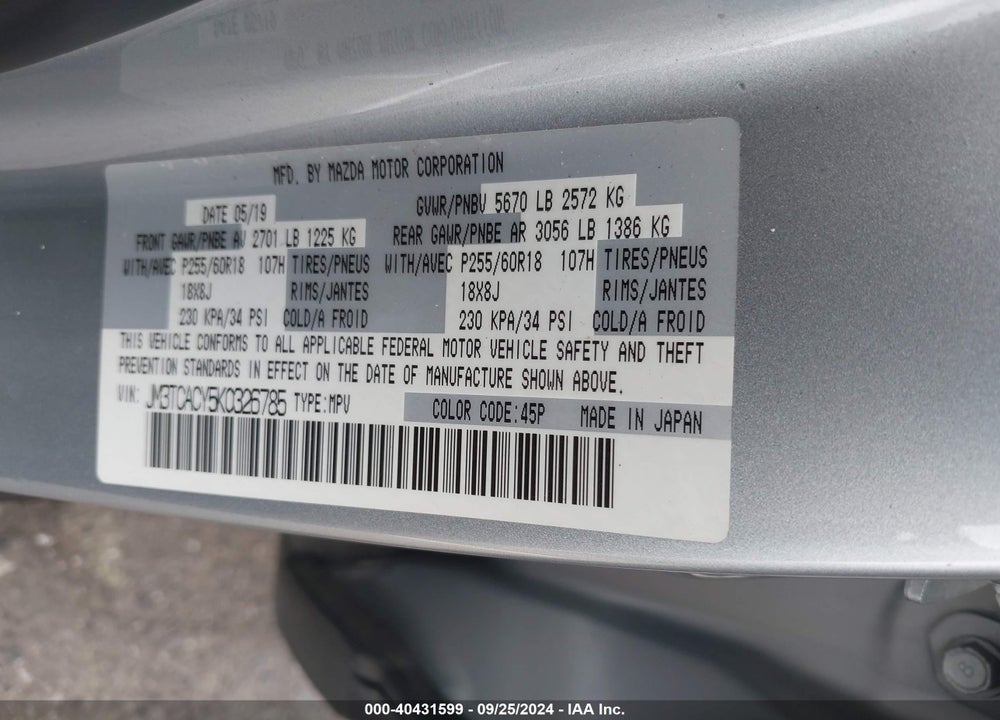 2019 MAZDA CX-9 TOURING VIN: JM3TCACY5K0326785