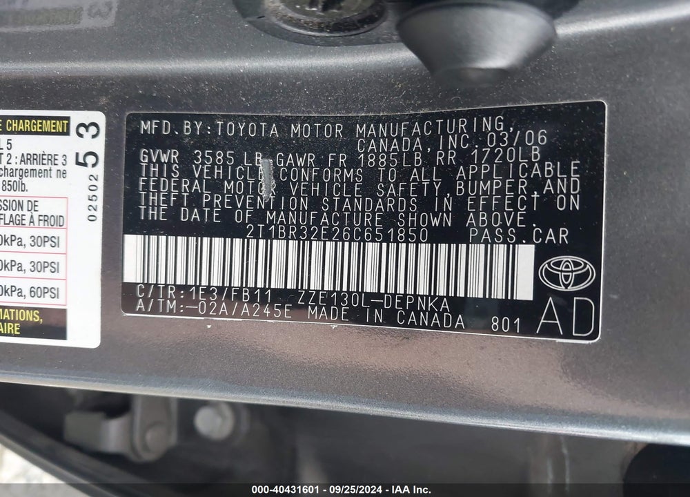 2006 TOYOTA COROLLA LE VIN: 2T1BR32E26C651850