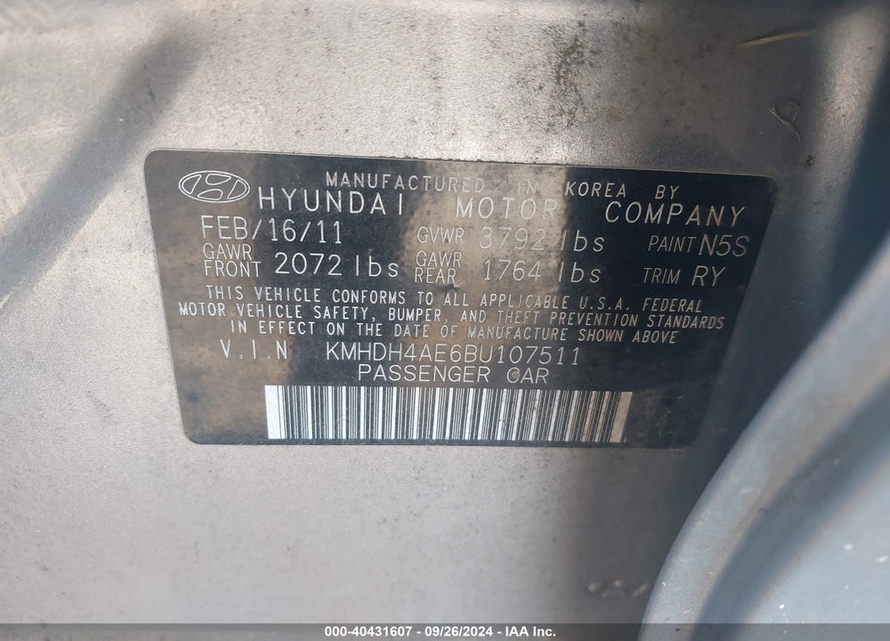2011 HYUNDAI ELANTRA LIMITED (ULSAN PLANT) VIN: KMHDH4AE6BU107511