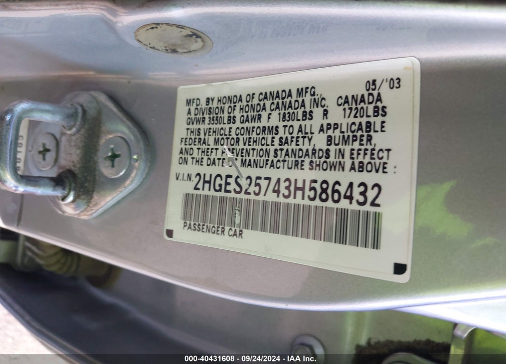 2003 HONDA CIVIC EX VIN: 2HGES25743H586432