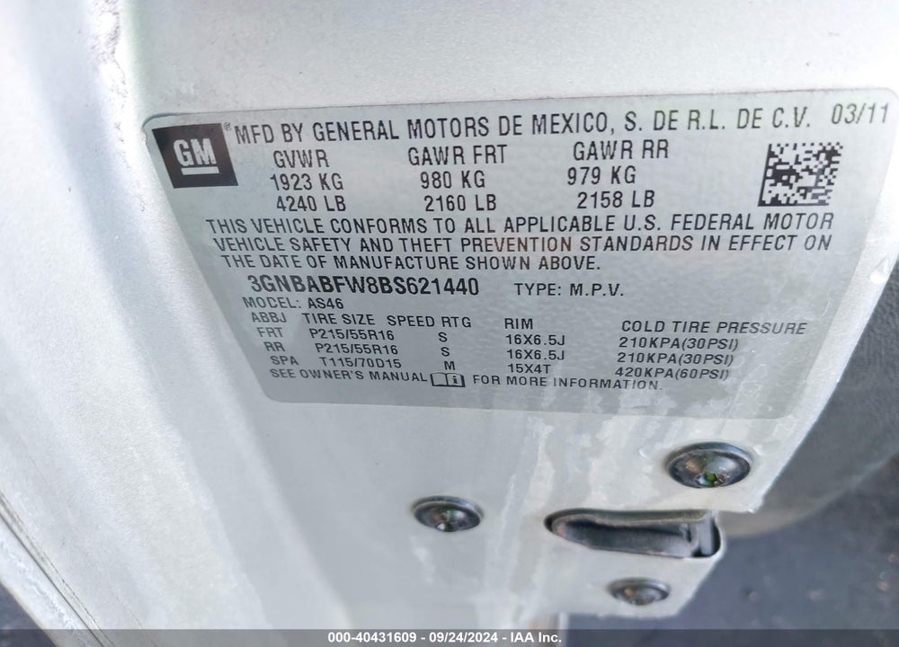 2011 CHEVROLET HHR LT VIN: 3GNBABFW8BS621440