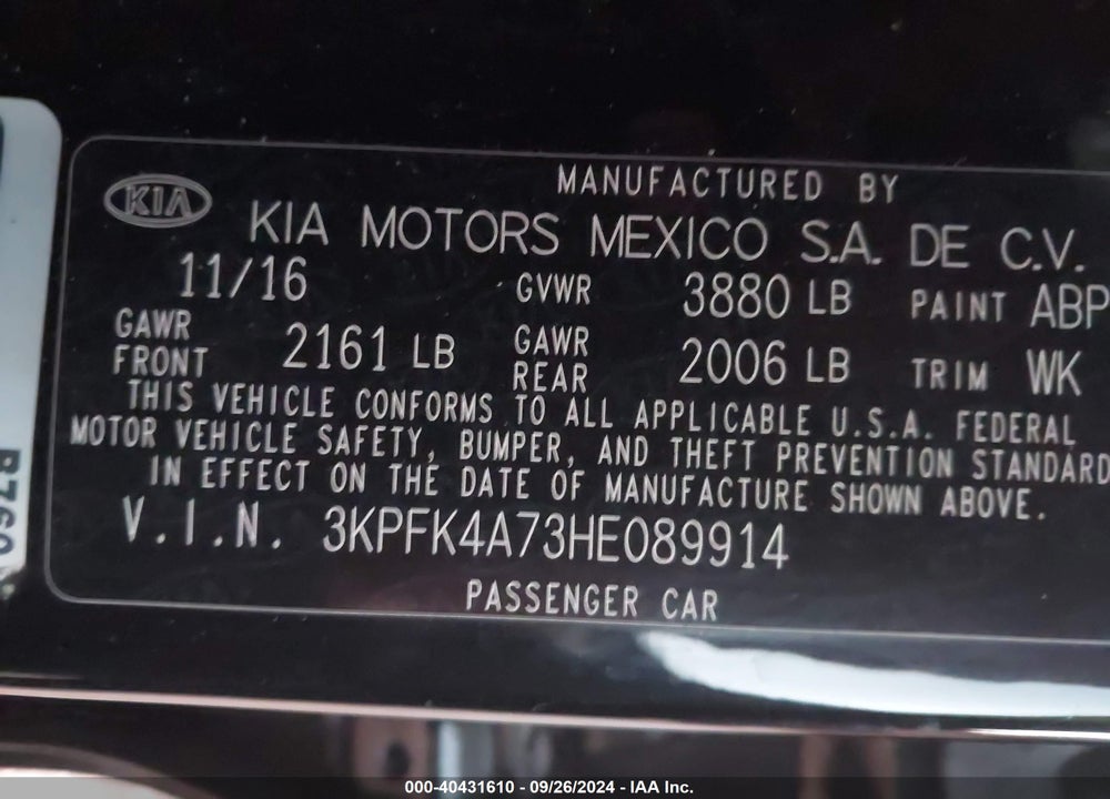2017 KIA FORTE LX VIN: 3KPFK4A73HE089914