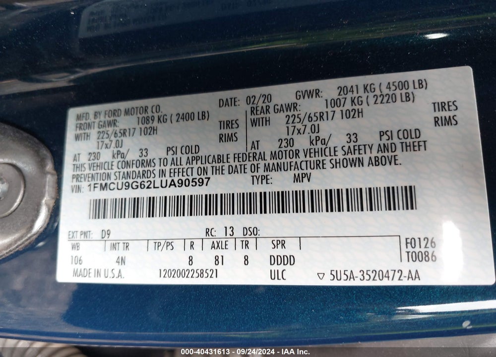 2020 FORD ESCAPE SE VIN: 1FMCU9G62LUA90597