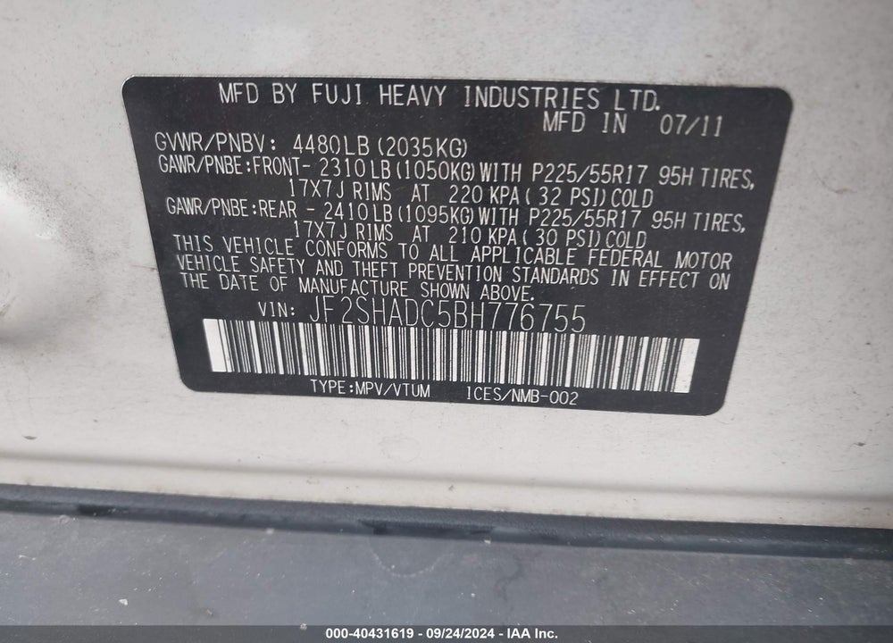 2011 SUBARU FORESTER 2.5X PREMIUM VIN: JF2SHADC5BH776755