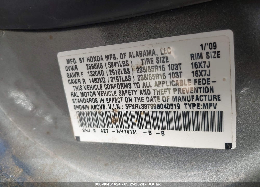 2009 HONDA ODYSSEY EX-L VIN: 5FNRL38789B040519