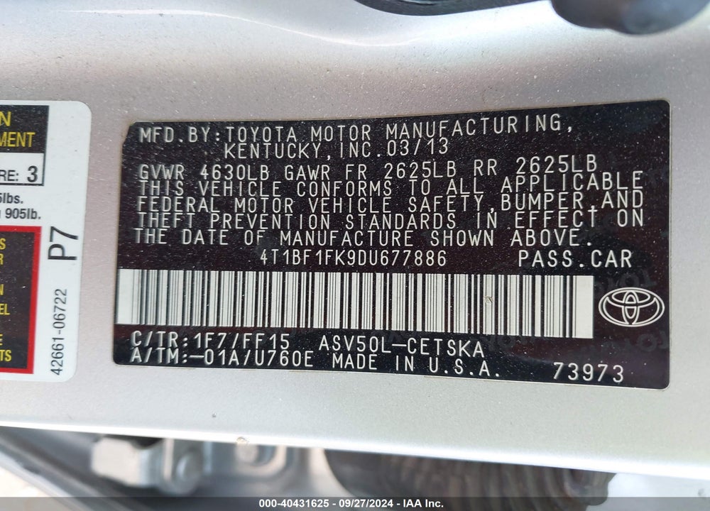 2013 TOYOTA CAMRY SE VIN: 4T1BF1FK9DU677886