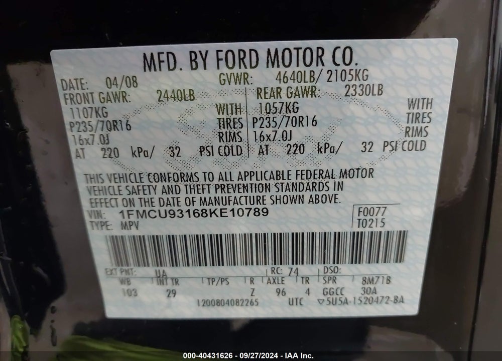 2008 FORD ESCAPE XLT VIN: 1FMCU93168KE10789