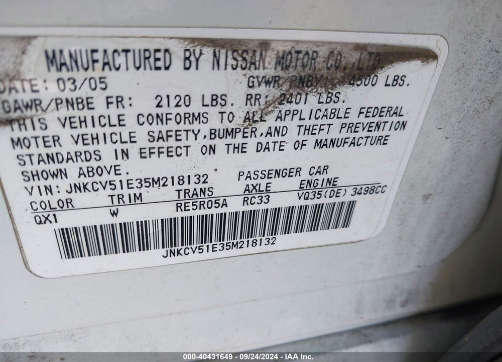 2005 INFINITI G35 VIN: JNKCV51E35M218132