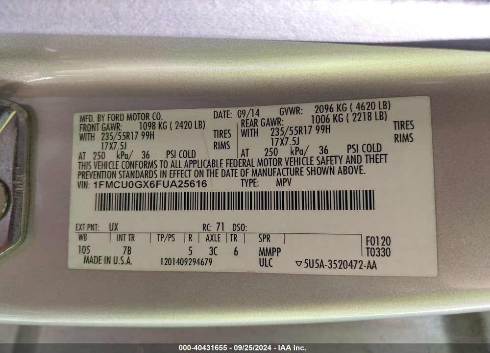 2015 FORD ESCAPE SE VIN: 1FMCU0GX6FUA25616