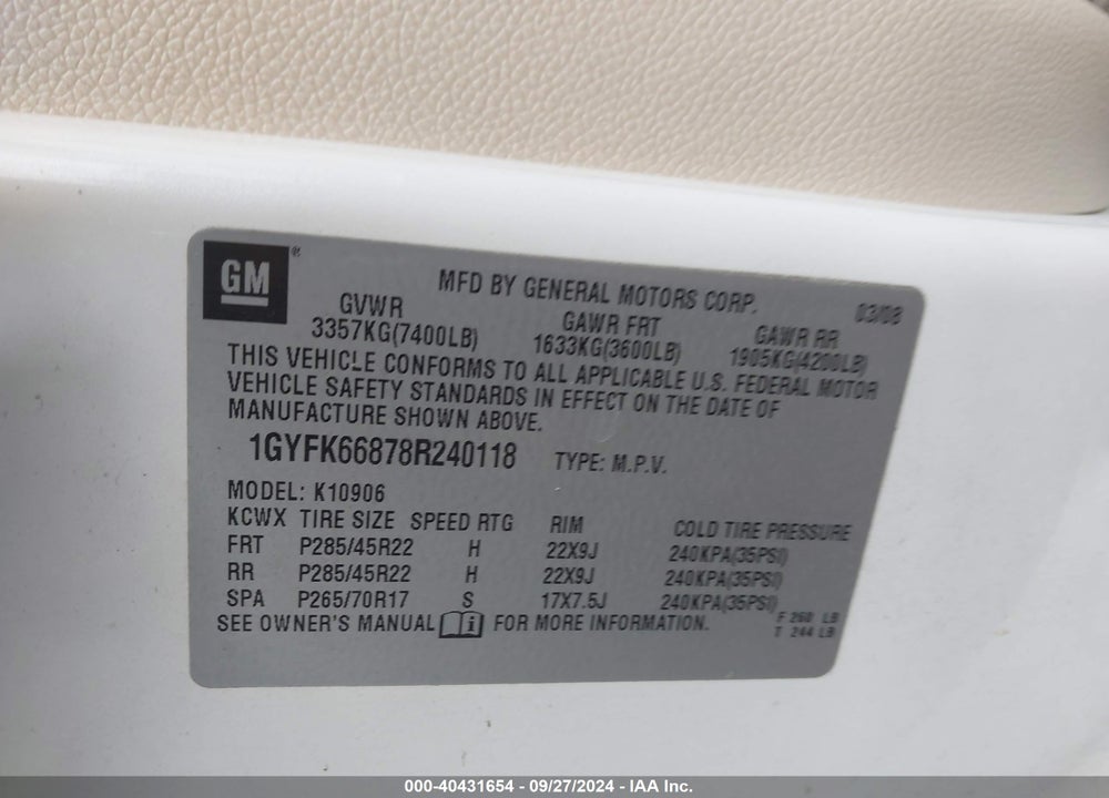 2008 CADILLAC ESCALADE ESV STANDARD VIN: 1GYFK66878R240118