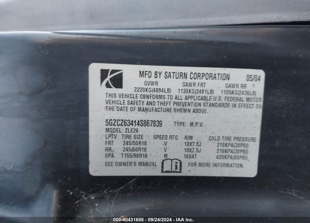 2004 SATURN VUE V6 VIN: 5GZCZ63414S867839