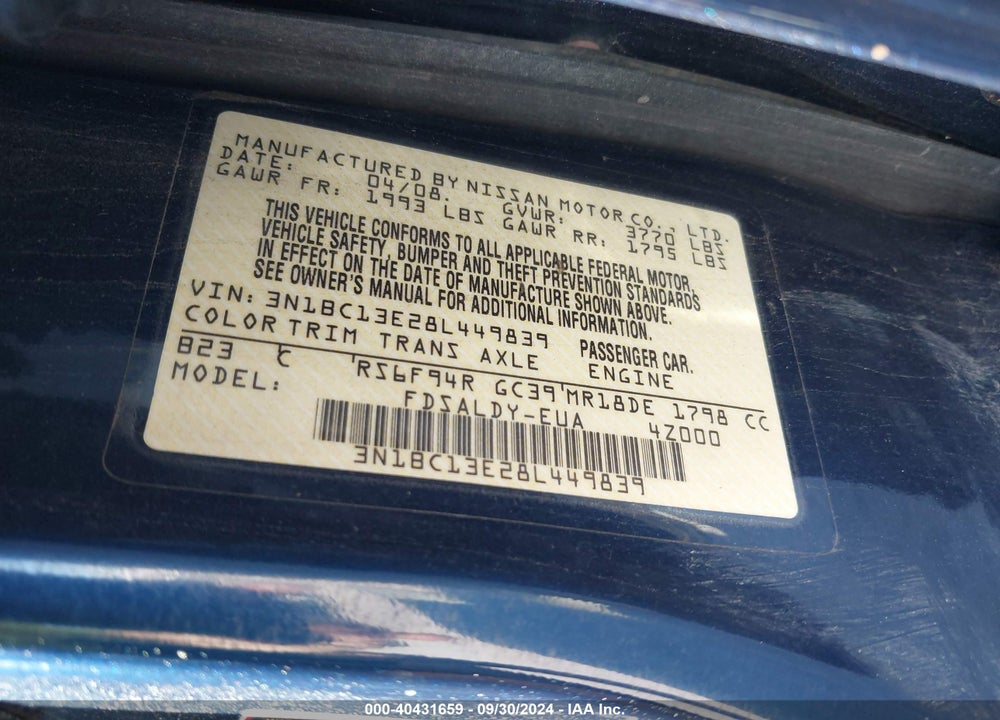 2008 NISSAN VERSA 1.8S VIN: 3N1BC13E28L449839